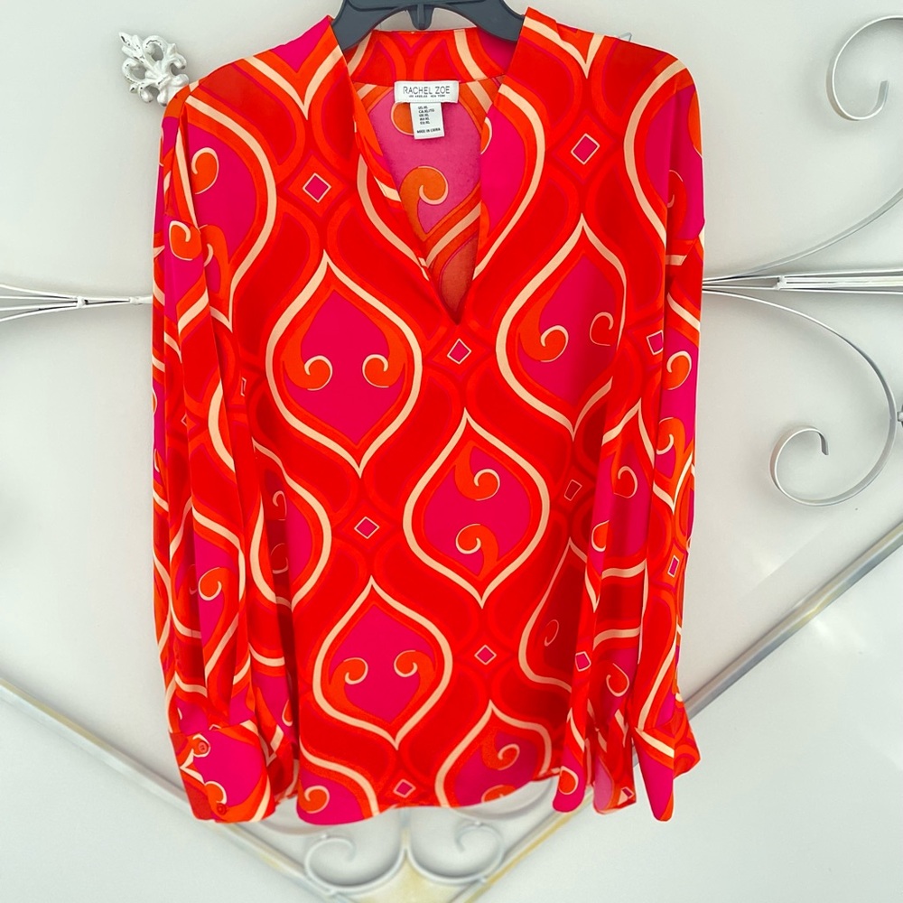 Rachel Zoe Red and Pink Geometric Silky Blouse